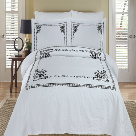 Athena White & Black Embroidered 100% Cotton 3-Piece Duvet Cover Set
