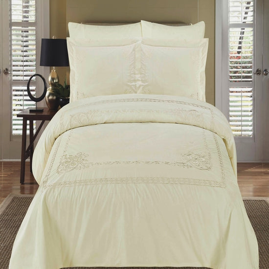 Athena Ivory Embroidered 100% Cotton 3-Piece Duvet Cover Set