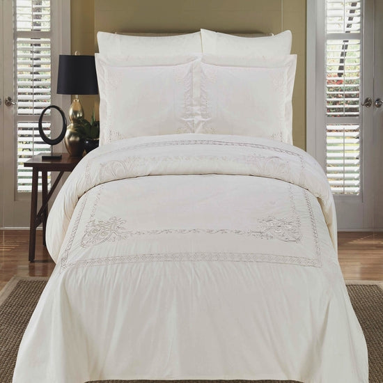 Athena White Embroidered 100% Cotton 3-Piece Duvet Cover Set