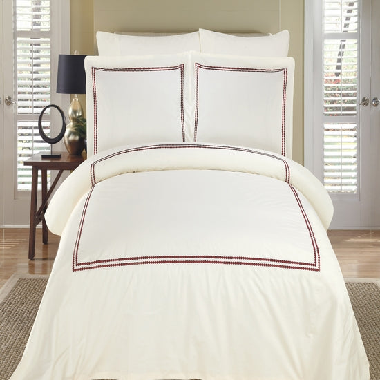 Maya Ivory & Burgundy Embroidered 100% Cotton 3-Piece Duvet Cover Set