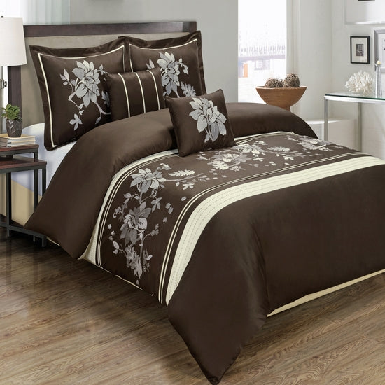 Myra Chocolate 5-Piece Duvet Cover Set Embroidered 100% Cotton