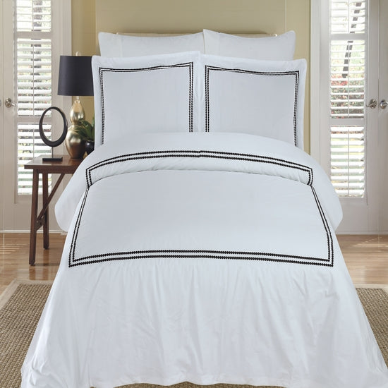 Maya White & Black Embroidered 100% Cotton 3-Piece Duvet Cover Set