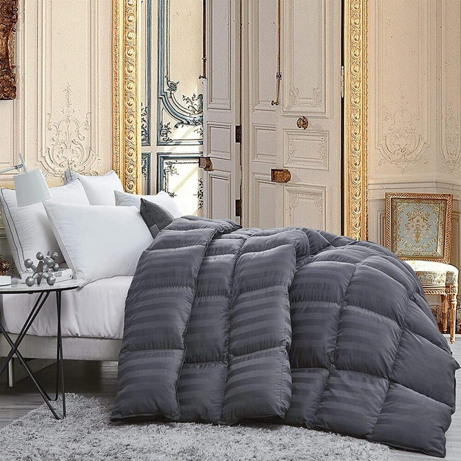 Luxurious Light Weight Goose Down Comforter Duvet, Exquisite Gray Stripe Design, 100% Egyptian Cotton Fabric, 750+ Fill Power, 50 oz Fill Weight
