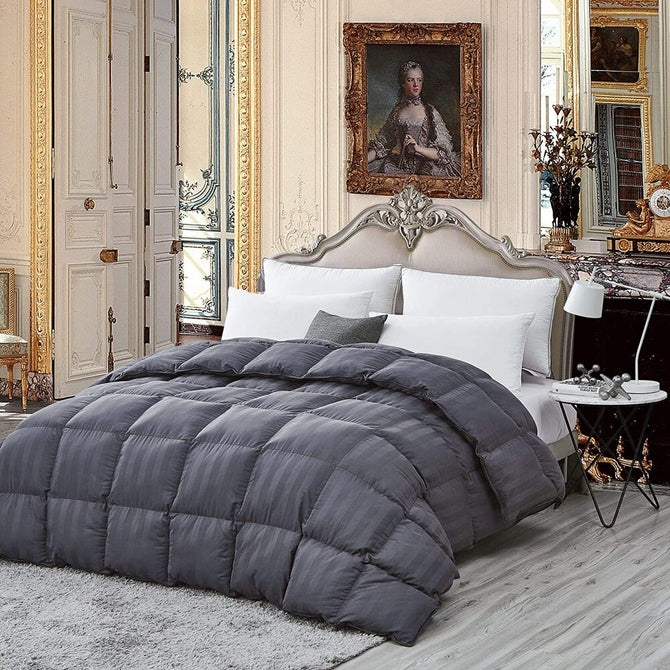 Luxurious Light Weight Goose Down Comforter Duvet, Exquisite Gray Stripe Design, 100% Egyptian Cotton Fabric, 750+ Fill Power, 50 oz Fill Weight