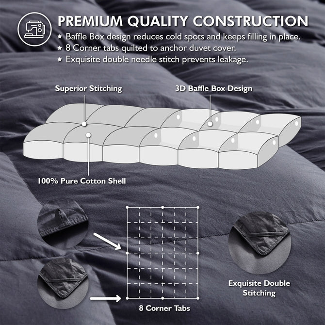 Luxurious All-Season Goose Down Comforter Duvet Insert, Classic Gray, Premium Baffle Box, 100% Down-Proof Cotton Cover, 750+ Fill Power