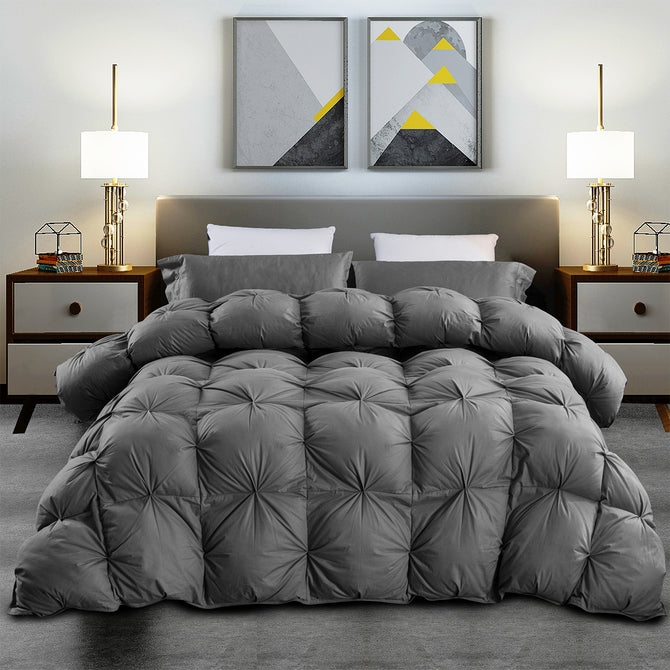 Luxurious All-Season Gray Pinch Pleat Goose Down Comforter Duvet Insert, Premium Pinch Pleat Design, 100% Down-Proof Cotton Cover, 750+ Fill Power, 60 - 80 oz. Fill Weight