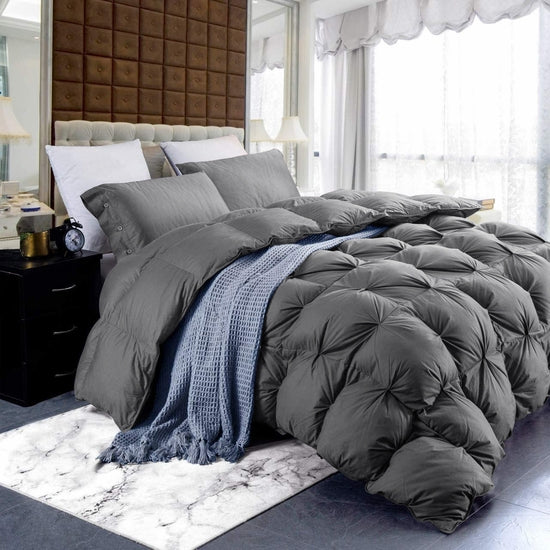Luxurious All-Season Gray Pinch Pleat Goose Down Comforter Duvet Insert, Premium Pinch Pleat Design, 100% Down-Proof Cotton Cover, 750+ Fill Power, 60 - 80 oz. Fill Weight