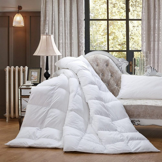 LUXURIOUS Siberian Goose Down Comforter All-Season Duvet Insert, Premium Baffle Box, 1200 Thread Count 100% Egyptian Cotton, White Damask Stripe