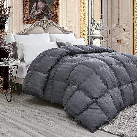 Luxurious Light Weight Goose Down Comforter Duvet, Exquisite Gray Stripe Design, 100% Egyptian Cotton Fabric, 750+ Fill Power, 50 oz Fill Weight
