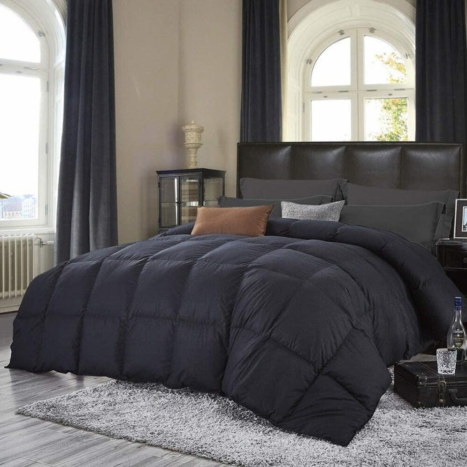 Luxurious All-Season Goose Down Comforter Duvet Insert, Classic Black, Premium Baffle Box, 100% Egyptian Cotton Cover, 750+ Fill Power