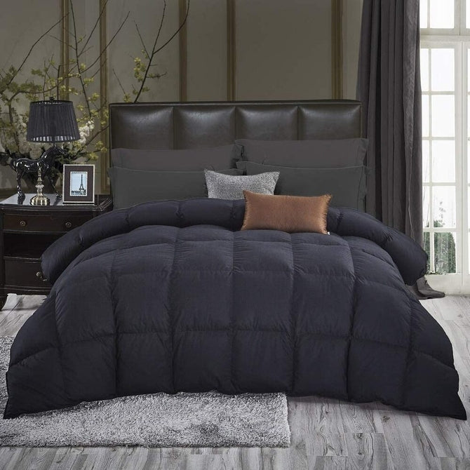 Luxurious All-Season Goose Down Comforter Duvet Insert, Classic Black, Premium Baffle Box, 100% Egyptian Cotton Cover, 750+ Fill Power
